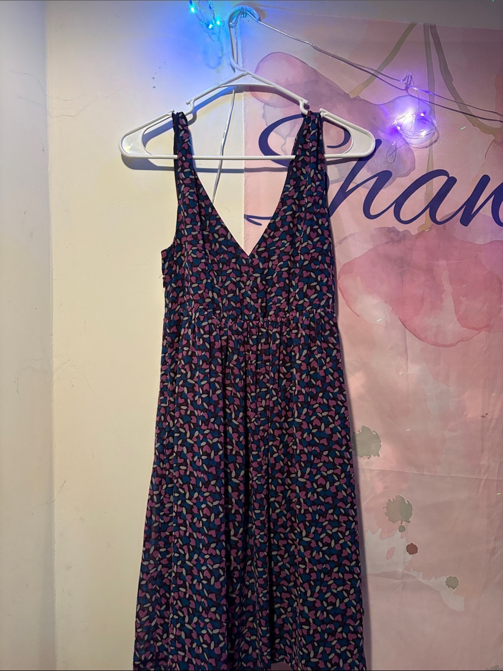 V-Neck Printed Maxi Dress in Navy and Pink